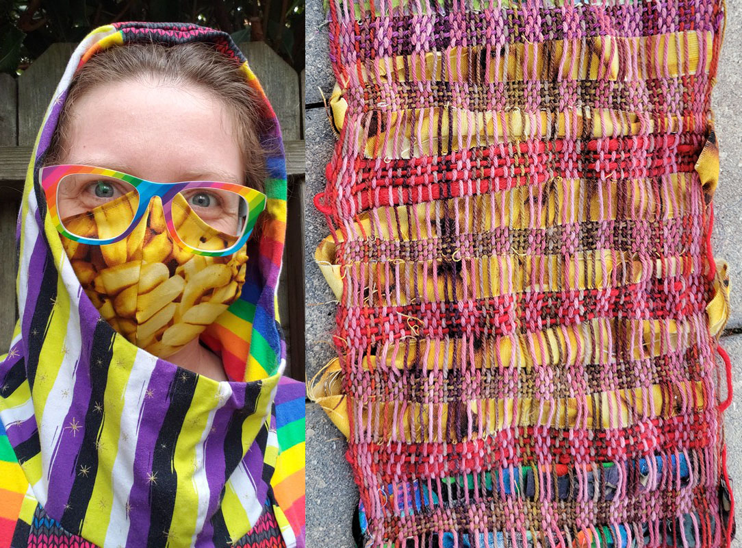 Quinn in 2020 with banana mask; weaving with banana scrap