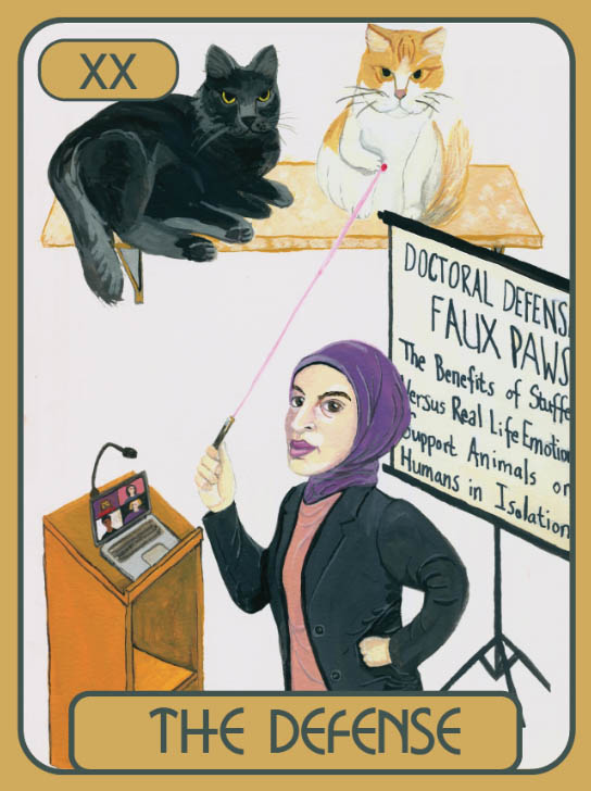 The Defense card from the Academic Tarot Deck, featuring a woman wearing hijab, shining a laser pointer with two cats above her head, and her dissertation committee on Zoom