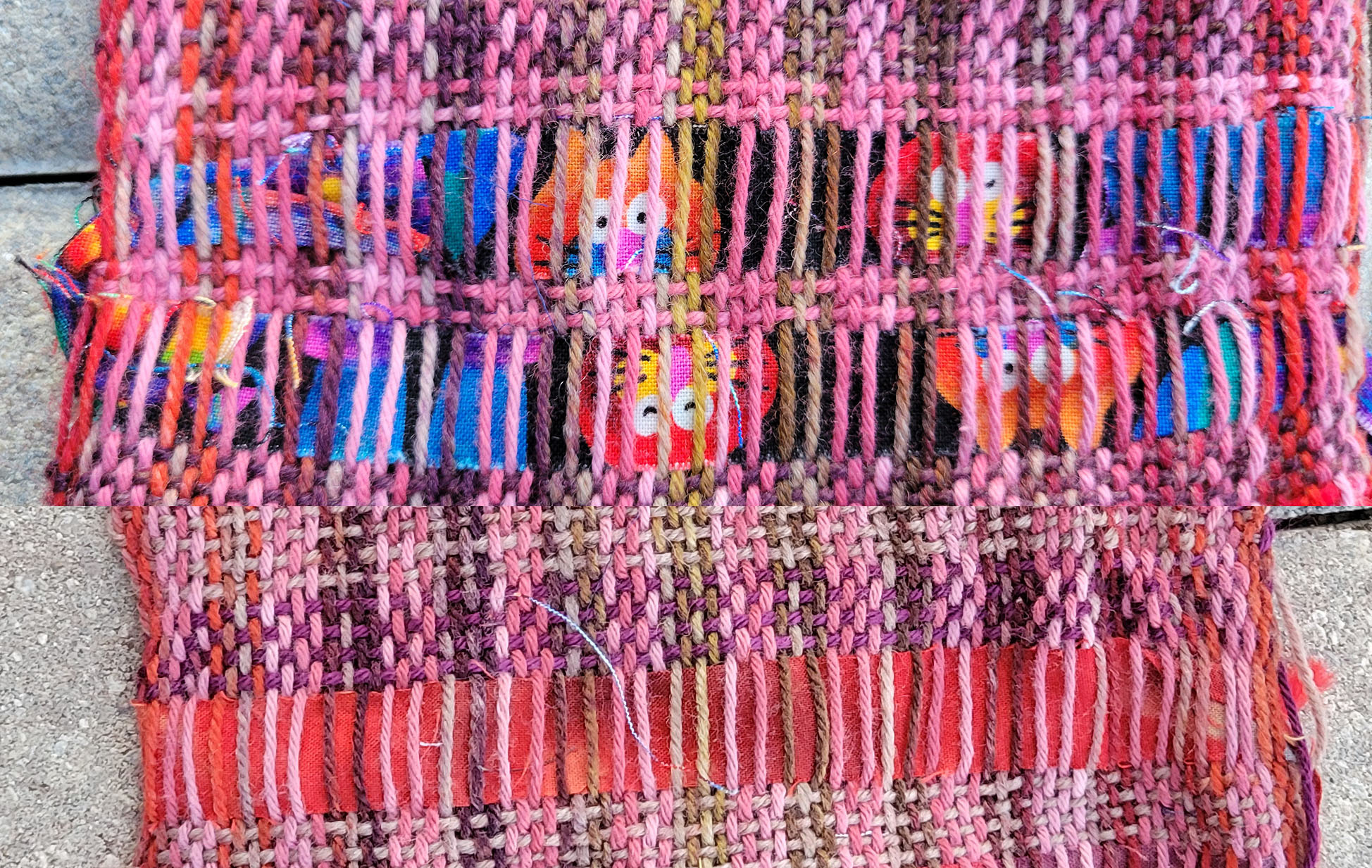 Colorful cat fabric scrap and scrap of red hand-dye