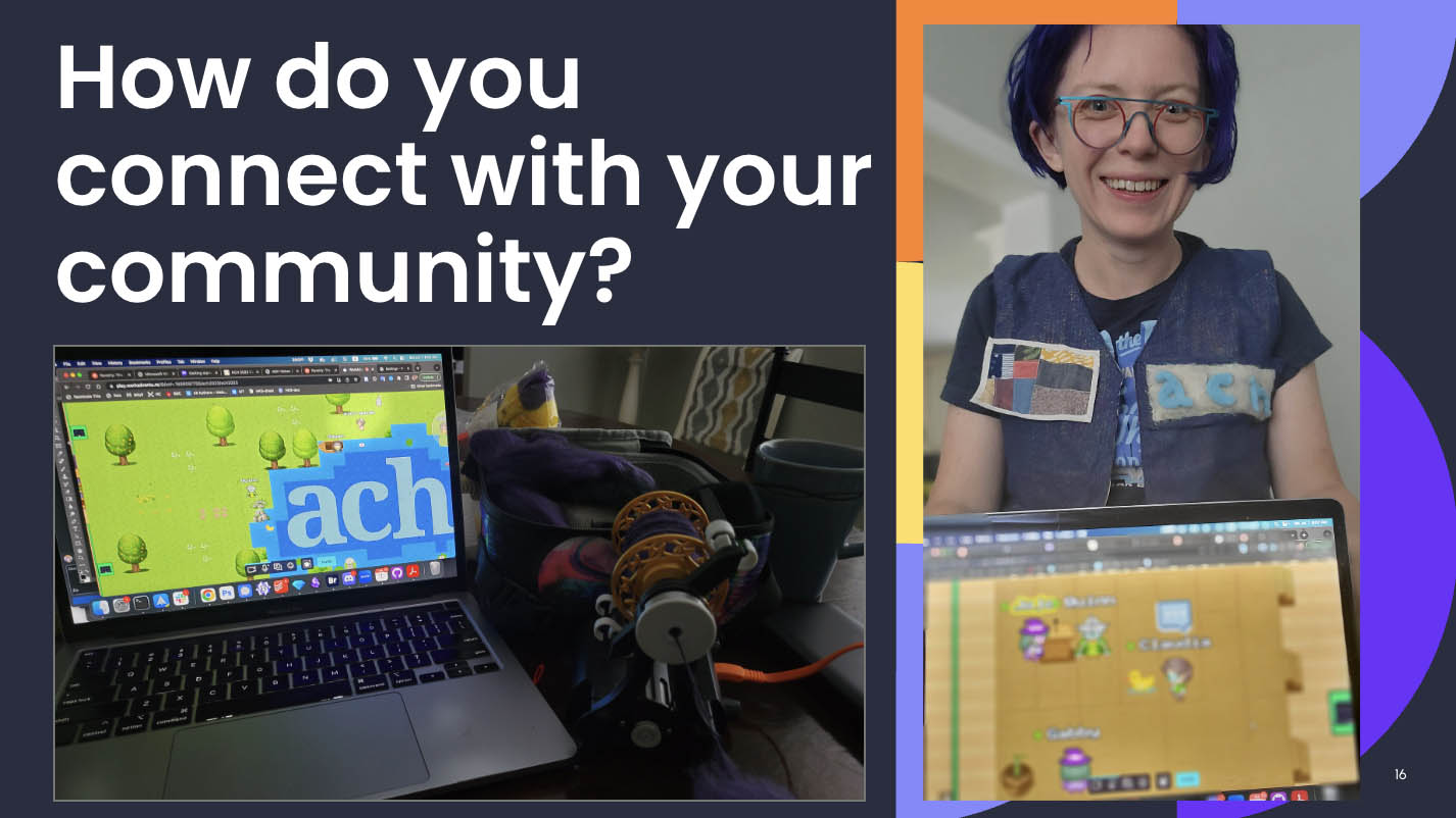 A laptop with a virtual JRPG-esque world, and Quinn wearing a #DHmakes vest in front of a laptop