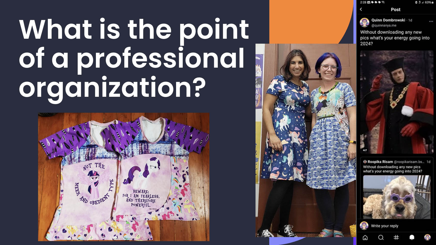 Quinn and Roopika as ACH co-presidents, with matching My Little Pony t-shirts and a screenshot of 'what energy are you taking into 2024' where Quinn's is Q and Roopsi's is a happy dog