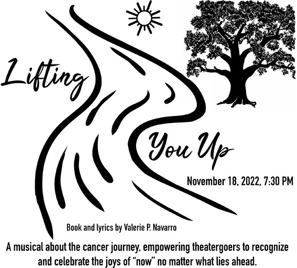 The poster for the musical Lifting You Up, with a sun, a river, and an oak tree and the text 'A musical about the cancer journey, empowering theatergoers to recognize and celebrate the joys of now whatever lies ahead.'